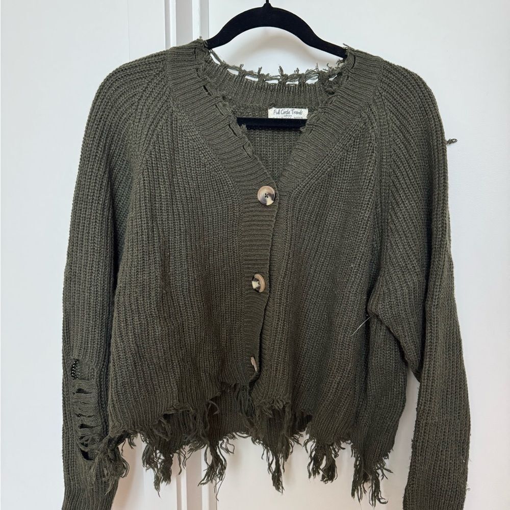 Olive Green Frayed Women's Button Down Cropped Cardigan